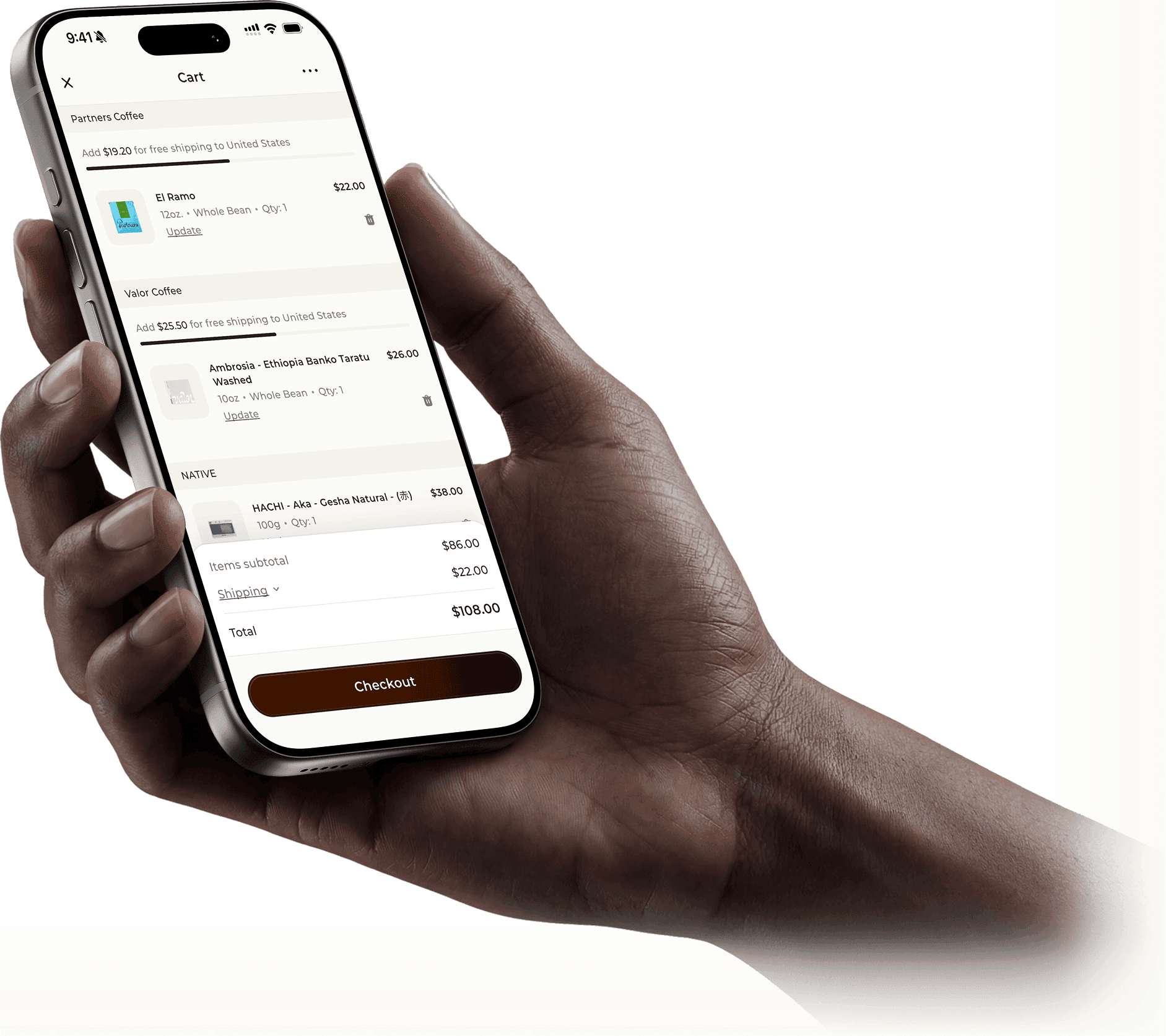 A hand holding a phone showing the Coffi cart with coffees from three roasters and a single checkout