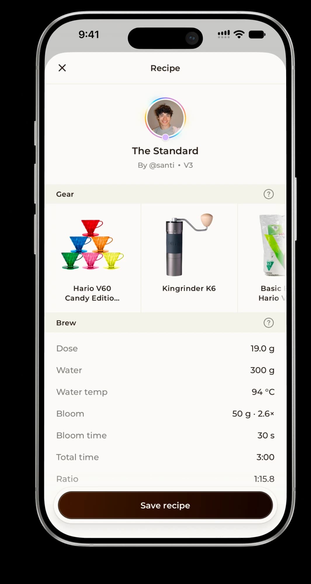 A recipe, The Standard, brewed with a Hario V60, a Kingrinder K6 and Hario V60 filters: 19.0 g of coffee to 300 g of water at 94 °C, a 50 g bloom for 30 s, 3:00 in total and a ratio of 1:15.8