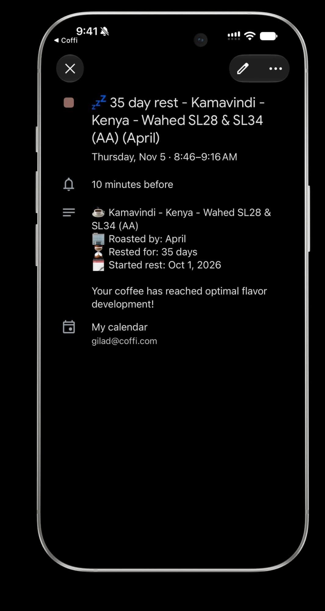 The calendar event Coffi adds: a 35 day rest for Kamavindi from Kenya, roasted by April, ready on Thursday, November 5, after a rest that started on October 1, 2026