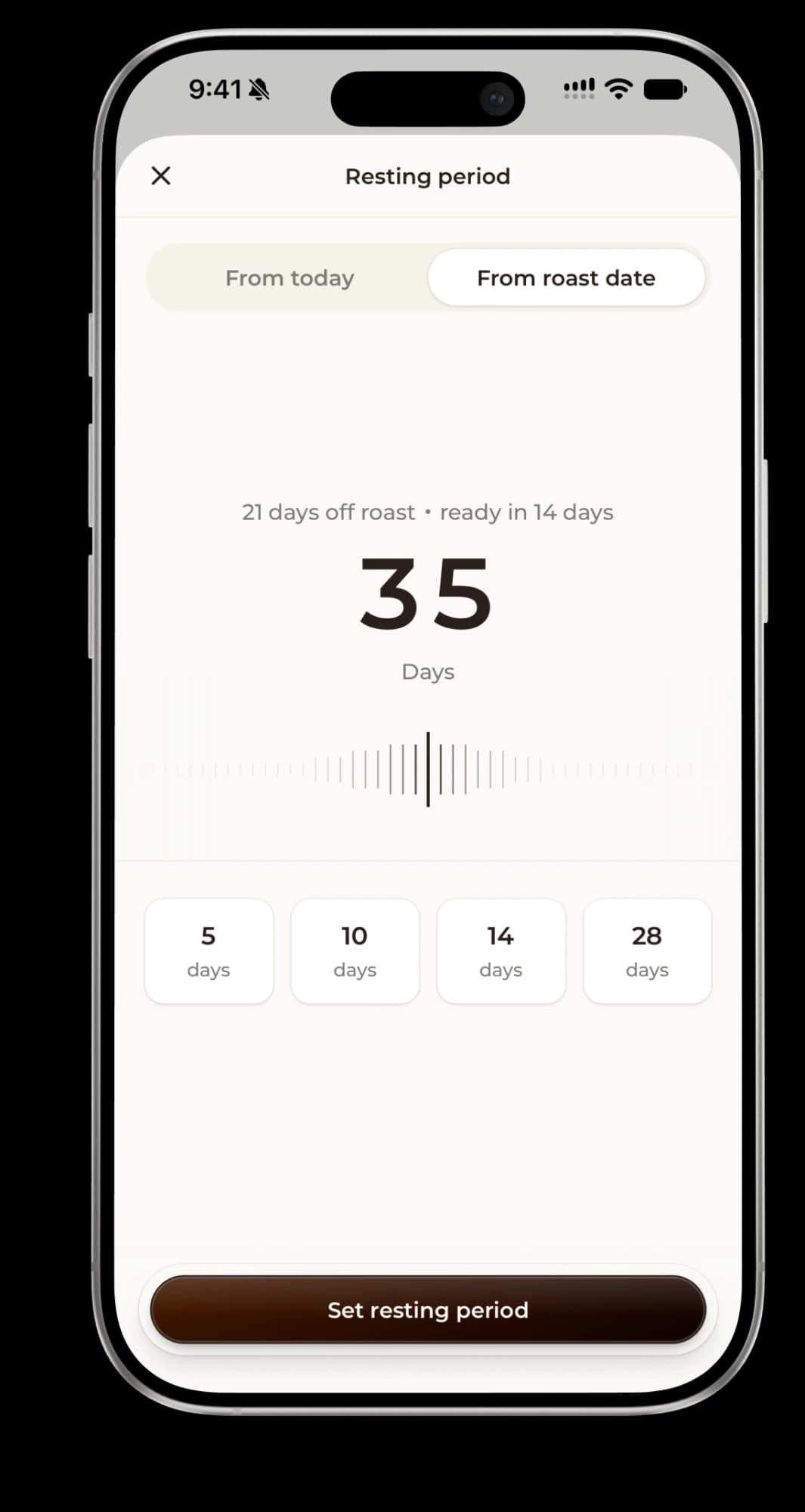 The Resting period screen in Coffi, counting from the roast date: 21 days off roast and ready in 14 days, 35 days in all, with presets of 5, 10, 14 and 28 days