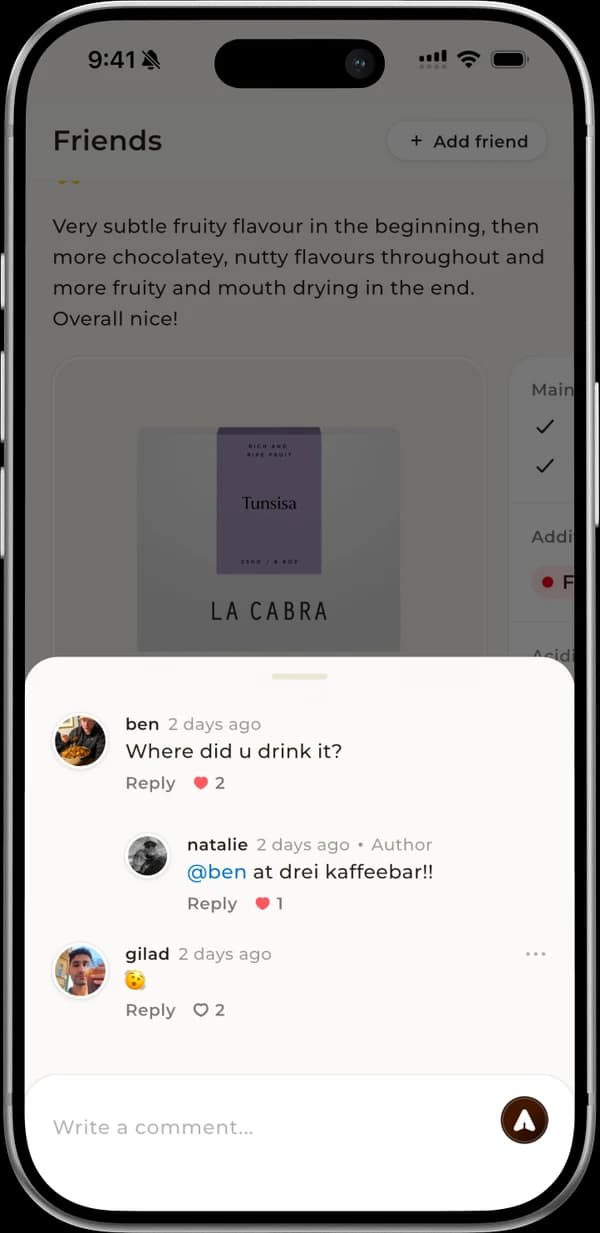 A review's comments: a question, a reply from its author with an @mention, and a like