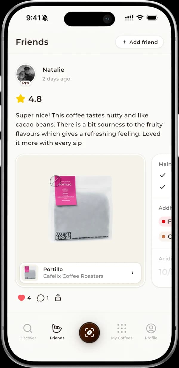 The Friends feed: a friend's 4.8 review of a coffee, with likes and comments