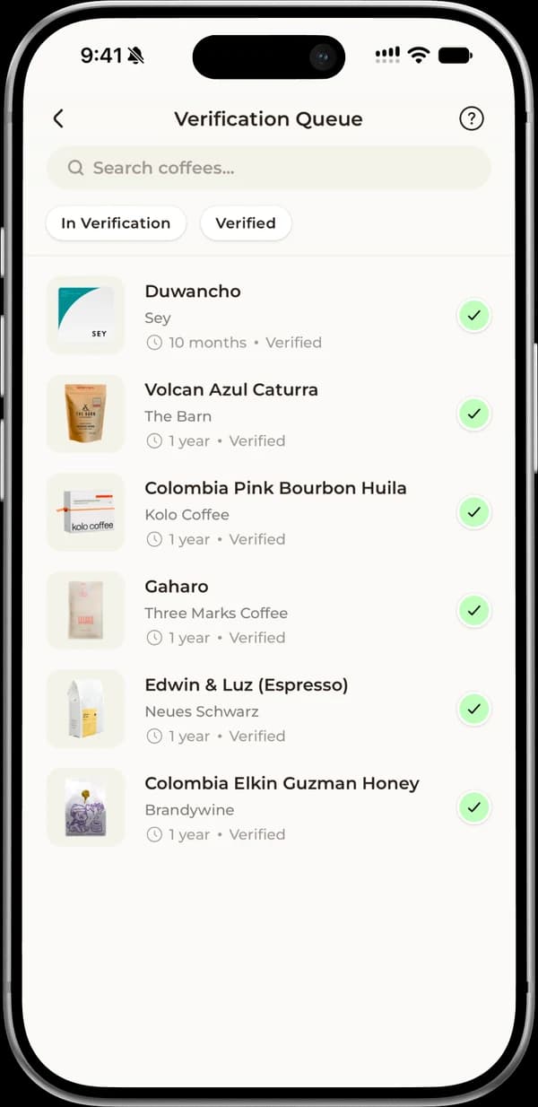 The Verification Queue, with coffees you added marked verified