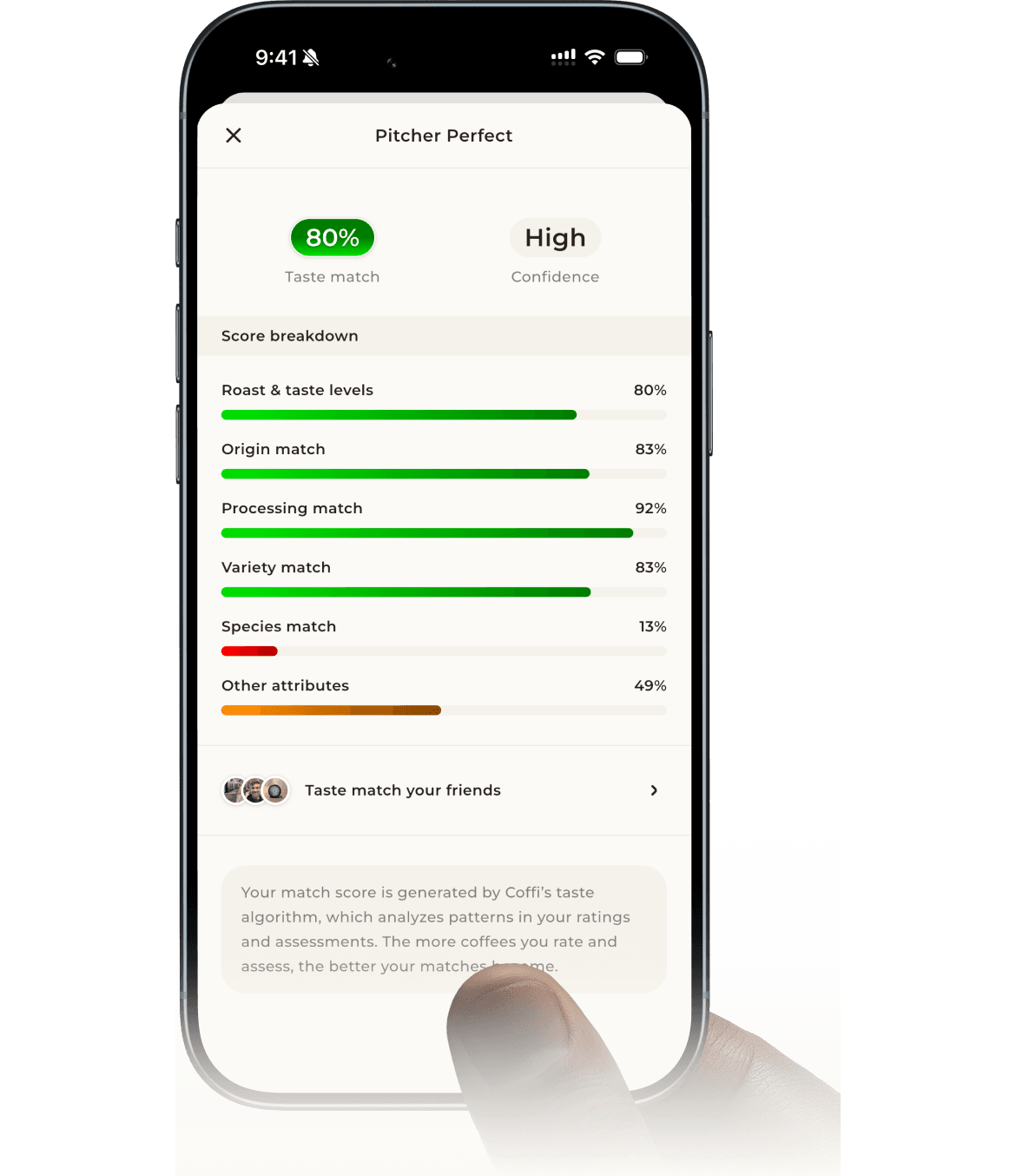 The Coffi app showing personal taste-match scores on coffees