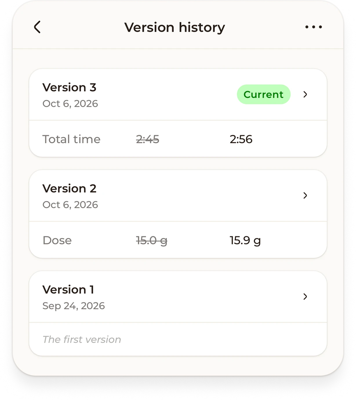 A recipe’s version history: Version 3, the current one, changed the total time from 2:45 to 2:56, Version 2 changed the dose from 15.0 g to 15.9 g, and Version 1 was the first version