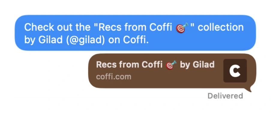 A Coffi collection shared in Messages: a link to Recs from Coffi by Gilad, with its preview