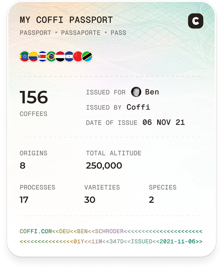 A shared Coffi Passport: 156 coffees from 8 origins, with its flags, totals and issue date