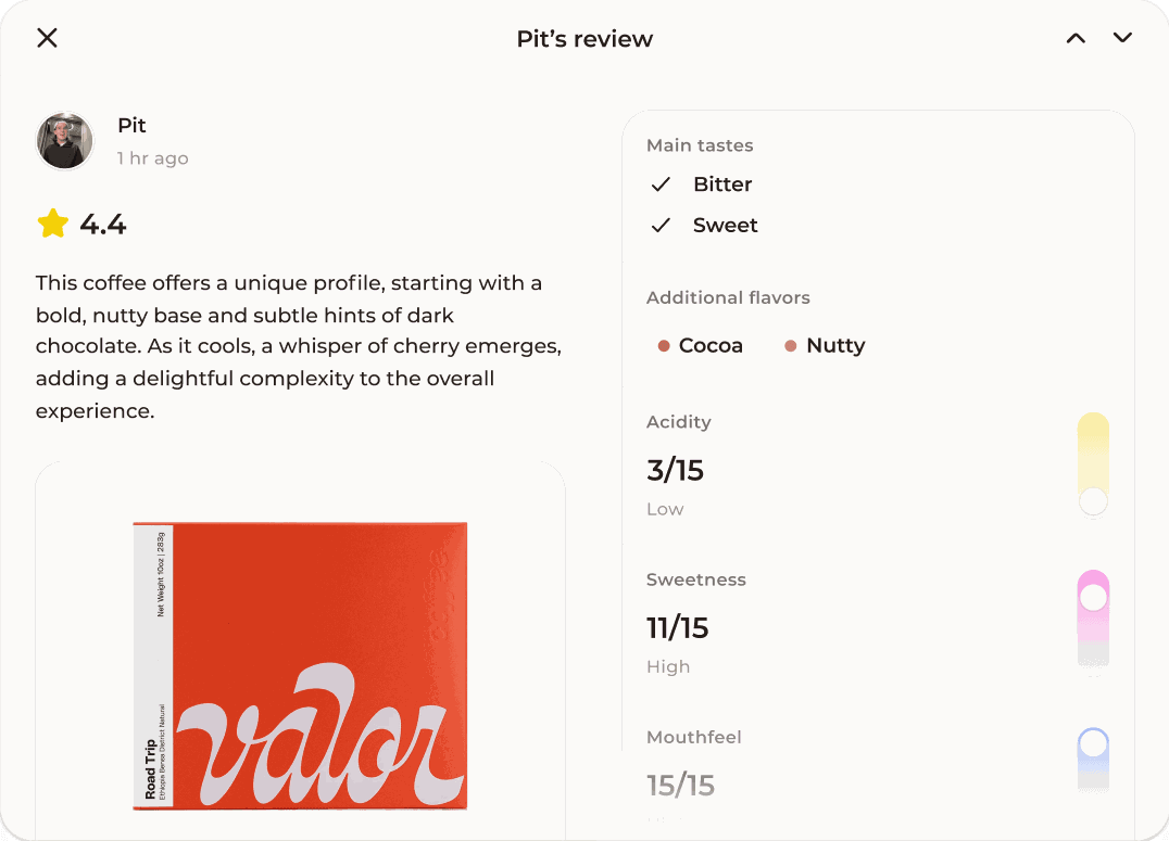Review overview — consumer review with taste breakdown
