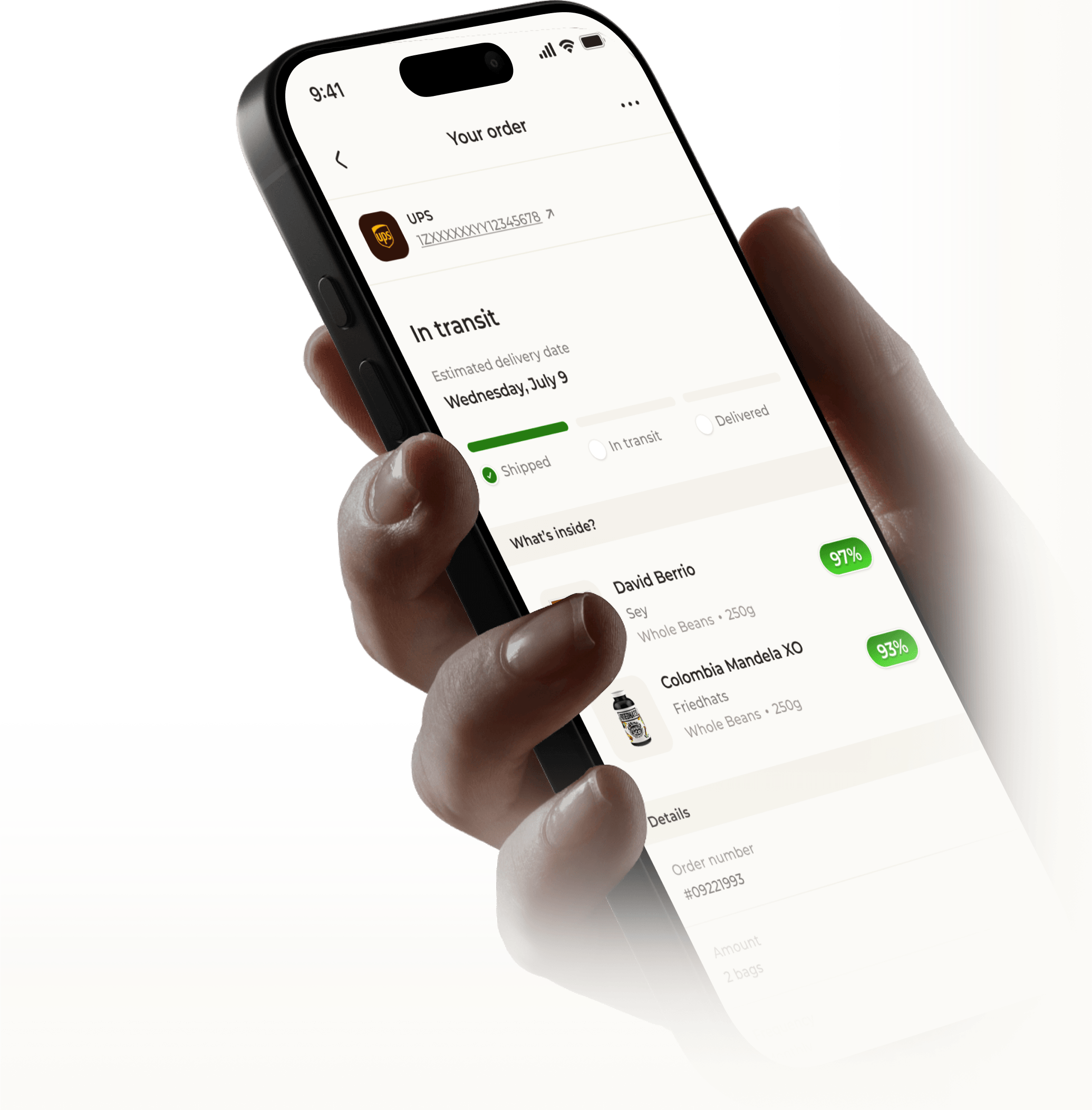 The Coffi subscription experience β end-to-end screen on a phone held by a hand